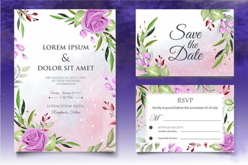 Watercolor wedding invitation floral and leaves card template