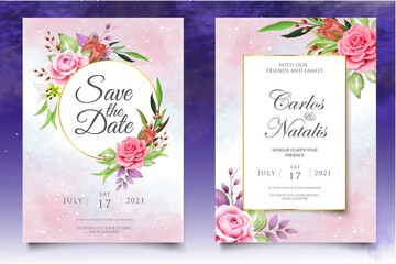 Watercolor wedding invitation floral and leaves card template