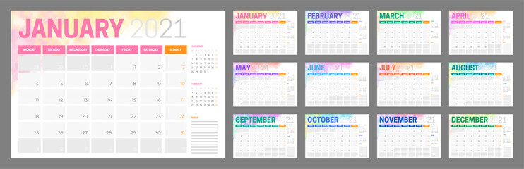 Fototapeta Colorful 2021 Calendar Design with Different Color for Every Month obraz