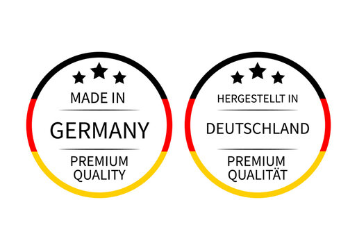 Made in Germany round labels in English and in German languages
