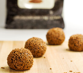 Brigadeiro Truffle made with Gourmet Belgian Chocolate with chocolate bag backgound, Brazilian Truffles,Edible gift, gluten free