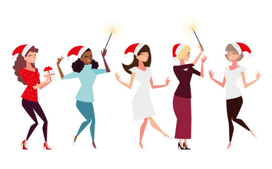 christmas people, group women with santa hat gift and fireworks celebrating
