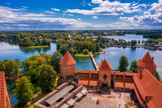 TRAKAI, LITHUANIA - August 1, 2020: The Landscape Around Trakai Island Castle in Trakai, Lithuania. Beautiful castle.