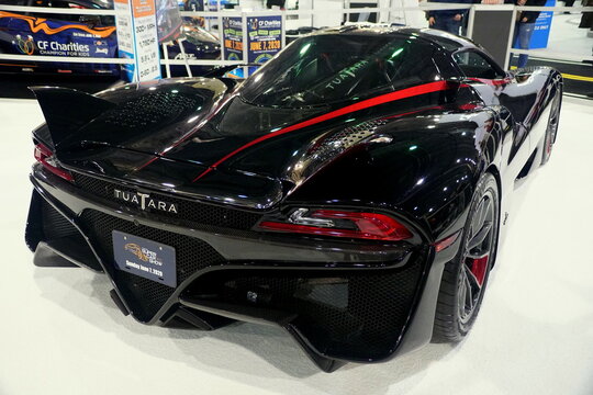 Philadelphia, Pennsylvania, U.S.A - February 9, 2020 - The rear view of the black color 2020 SSC Tuatara supercar