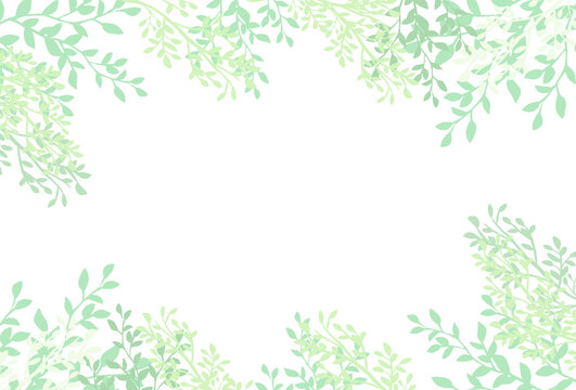 淡い緑と葉っぱの背景イラストフレーム素材