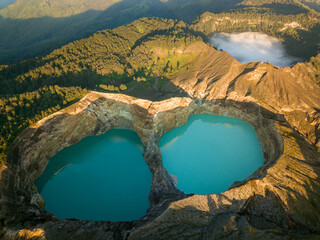 Kelimutu mountain crater lakes drone aerial view in Indonesia  - obrazy, fototapety, plakaty