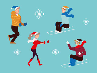 christmas people, men riding sled, happy man and woman season winter