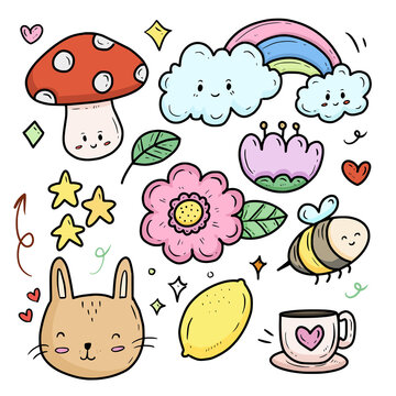 Nature flower and cloud cartoon collection set sticker vector