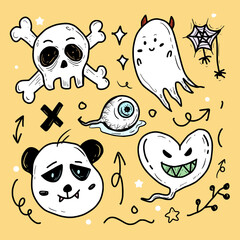 Halloween skull and ghost sticker vector cartoon