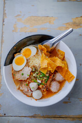 Portrait of thai old styles egg noodles.