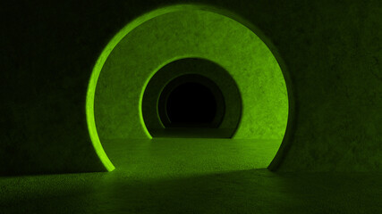 Abstract illuminated empty corridor interior made of gray concrete. Glowing green lines with shadow, neon light rays. Hallway arch tunnel corridor on dark background. 3d rendering