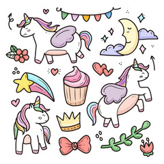 Unicorn drawing doodle icon collection vector