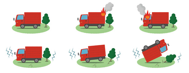 地震・火事の被害に遭う赤いトラックのベクターイラストセット © ICIM