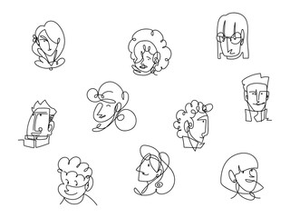 set icons faces men and women continuous line, isolated design