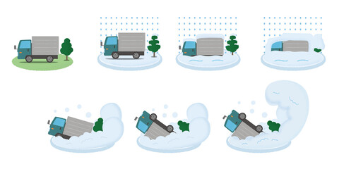 大雪・雪崩の被害に遭う緑色のトラックのベクターイラストセット