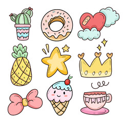 Cute kawaii sticker cartoon set item with princess vector icon