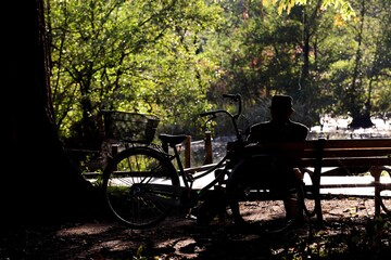 水辺でベンチに座る老人