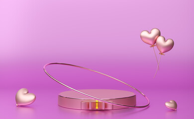 podium empty with heart balloon shapes in pink pastel composition for modern stage display and minimalist mockup ,birthday balloons and party or celebrations ,3d illustration or 3d render