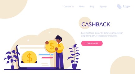 Cashback concept. Happy people receiving cashback for a buyer. oins or money transfer from laptop to e-wallet. Online banking. Saving money. Money refund. Modern flat illustration.
