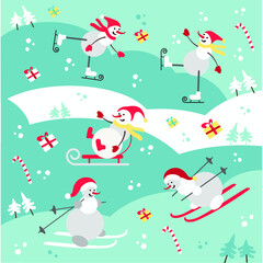 SNOWMANS SKI AND SKATE. Pattern New Year & Christmas icons set. Vector illustration