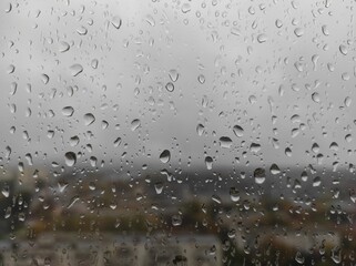 Natural drops of water on the window glass after rain. Water drops on window. Rainy mood concept.