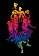 Fototapeta na wymiar Group of Basketball players action cartoon graphic vector