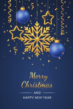 Christmas blue background with hanging shining golden snowflakes, 3D metallic stars and balls. Merry christmas greeting card. Holiday Xmas and New Year poster, web banner. Vector Illustration.