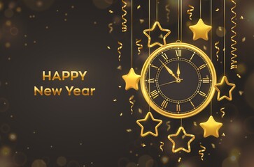 Happy New Year 2021. Golden shiny watch with Roman numeral and countdown midnight, eve for New Year. Background with shining gold stars. Merry Christmas. Xmas holiday. Vector illustration.