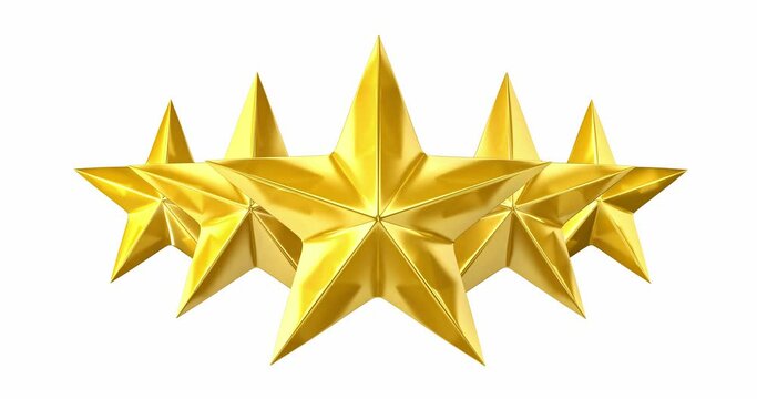 Five golden stars falling into place for five star rating or review with mask. 3d render.