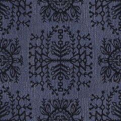 Seamless tribal ethnic rug motif pattern on dark denim texture. High quality illustration. Boho gypsy folk art style motif on seamless jean texture. Repeat raster jpg pattern swatch.