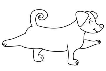 Yoga pets. A cute and funny puppy stands in an asana. Dog yoga. Outline. Vector illustration