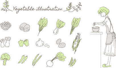 料理をする女性と野菜のイラストセット