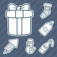 gift box and merry christmas icon set, line style