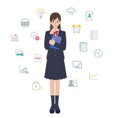 アイコンと制服姿の学生のイラスト　受験　教育イメージ
