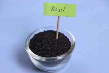 Basil or Ocimum or subja seeds in glass bowl