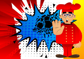 Fat male cartoon chef in uniform showing deny or refuse hand gesture. Vector illustration.