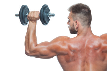 Fototapeta na wymiar Close up back view on bodybuilders strong muscular arm lifting a dumbbell isolated on white background