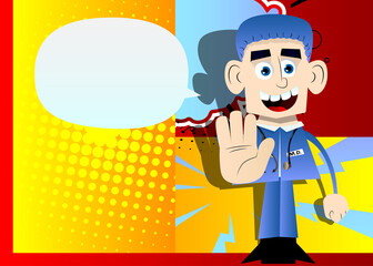 Funny cartoon doctor showing deny or refuse hand gesture. Vector illustration.