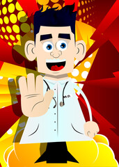 Funny cartoon doctor showing deny or refuse hand gesture. Vector illustration.