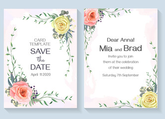 Template for an invitation card. Pink and beige roses, openwork leaves and twigs, small flowers, green leaves, eucalyptus, watercolor background.