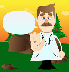 Funny cartoon doctor showing deny or refuse hand gesture. Vector illustration.