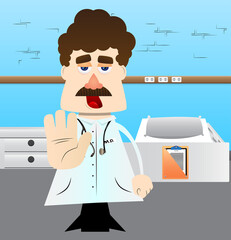 Funny cartoon doctor showing deny or refuse hand gesture. Vector illustration.