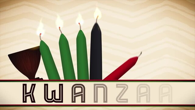 Kwanzaa design with traditional seven lighted candles, corn and wooden communal cup. Video animation 4K