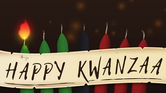 Animation for Kwanzaa with traditional colored candles representing the Seven Principles (or Nguzo Saba) over a ancient scroll. Video animation 4K