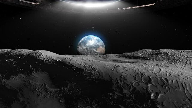 Flying saucer ufo heading toward Earth from the moon
Casting shadow and beam of light, Realistic outer space view Cinematic vision, invasion concept
