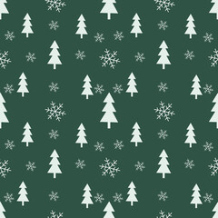 Obraz premium Spruce and snow seamless pattern with green background. Christmas symbols. Great for wrapping paper, scrapbooking, fabric, textile.
