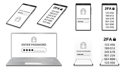 Set of concept of 2FA two-factor authentication and Enter password concept on laptop and smartphone screen. Protecting your money with codes on a smartphone. Vector illustration.