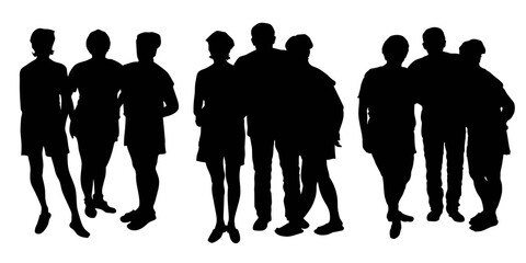 natural shapes Isolated vector silhouettes of a group of adults in three variants, 4, four, people, 3 women and a man, stand in summer clothes on vacation.