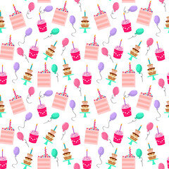 Pattern with cupcakes, cakes, sweets and balloons for birthdays or other holidays. Vector illustrations for packaging, fabric, scrapbooking, markets and decor. For New Years, Christmas, Birthday and