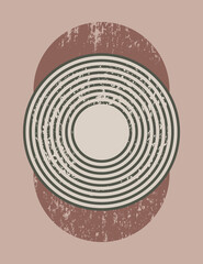 Abstrakter Kunsthintergrund in einem trendigen Minimalstil mit einfachen Formen-Kreisen und Streifen. Vektorzeitgenössische Boho-Illustration für Wandkunst, T-Shirt-Druck, Cover, Banner, für soziale Medien